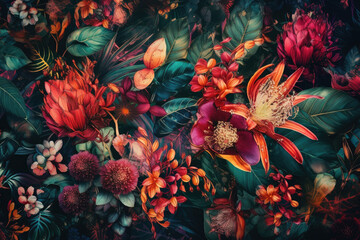 beautiful fantasy summer vintage wallpaper all tropical botanical flowers bunch,vintage motif for floral print digital background.generative ai.