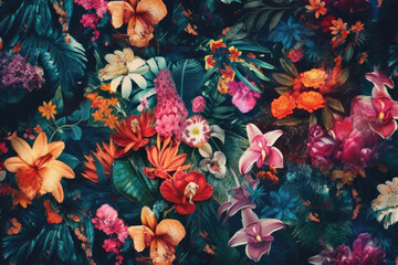 Obraz na płótnie Canvas beautiful fantasy summer vintage wallpaper all tropical botanical flowers bunch,vintage motif for floral print digital background.generative ai.