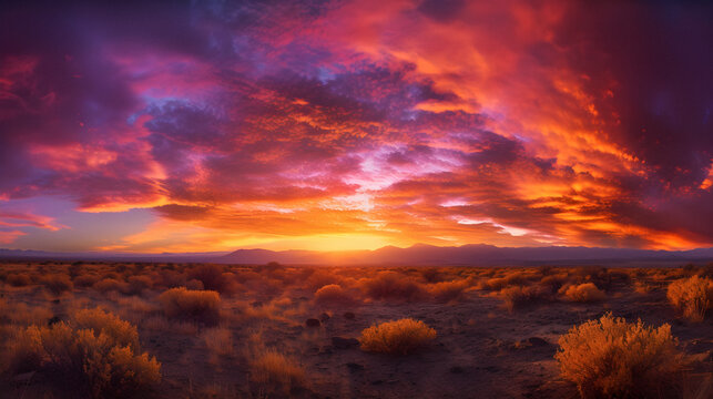 Enchanting Sunset Sky with Vibrant Twilight Hues and Billowy Clouds in a Desert Landscape