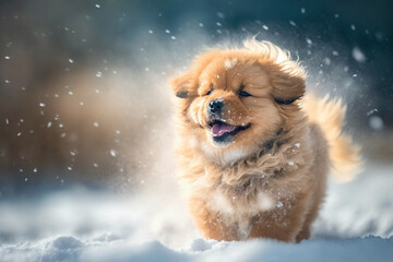 Fototapeta premium Cute little puppy dog with snow. Sweet happy animal pet enjoying snowfall in winter time. Ai generated