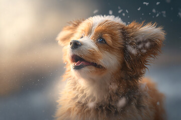 Cute little puppy dog with snow. Sweet happy animal pet enjoying snowfall in winter time. Ai generated