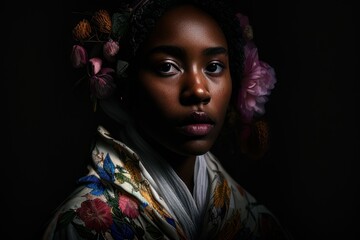 Portrait of a beautiful woman in classic clothes with black background. Fictional person created with Generative AI