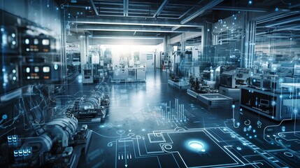 Industry 4.0 smart factory interior showcases IIoT machines, efficient workstations, and automated production lines, optimizing the manufacturing process for improved performance. Generative AI - obrazy, fototapety, plakaty