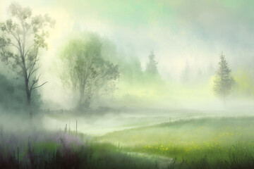 Fototapeta na wymiar Pastel spring background with misty meadow and forest landscape, spring season, Generative AI