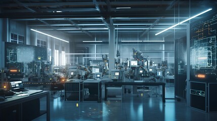 Industry 4.0 smart factory interior showcases IIoT machines, efficient workstations, and automated production lines, optimizing the manufacturing process for improved performance. Generative AI