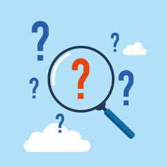 Magnifying glass analyze question marks. Problem analysis, finding solution or discover threat. Modern vector illustration in flat style