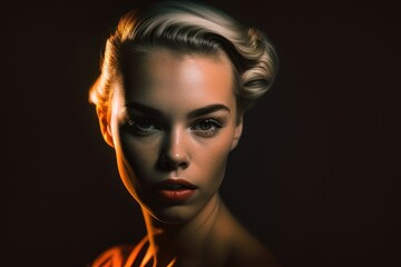 Portrait of a beautiful vintage woman with black background. Fictional person created with Generative AI