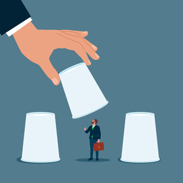 Hand lifts selected cup to select prospective employers from cup guessing game. Candidate selection. Modern vector illustration in flat style