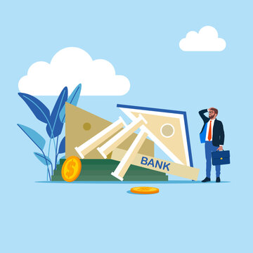 Financial crisis and bankruptcy. Frustrated man look at collapsing bank building. Modern vector illustration in flat style