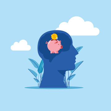 Piggy bank and dollar in the male brain. Silhouettes of thought images. Savings image. Modern vector illustration in flat style