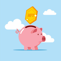 Pink piggy bank with bitcoin. Modern vector illustration in flat style
