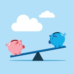 Comparison of two variants of investing money with piggy banks. Modern vector illustration in flat style