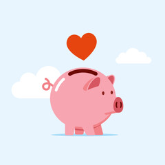 Pink piggy bank with red heart icon. Investments in future. Modern vector illustration in flat style