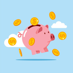 Hovering pink piggy bank with falling dollar coins. Finance, saving money. Modern vector illustration in flat style