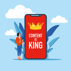 Businesswoman with phone words CONTENT IS KING, SEO search engine optimization and content marketing. Flat vector illustration