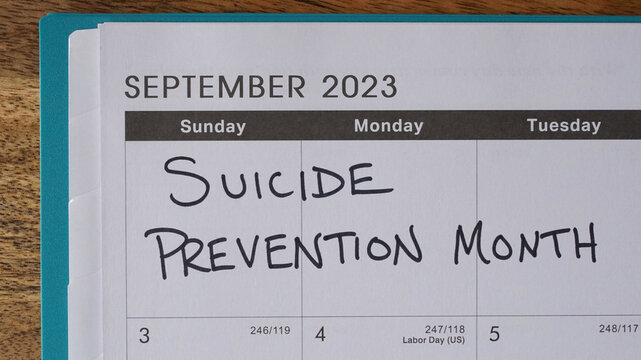 Suicide Prevention Month marked on a September 2023 calendar. 