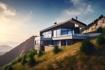 Fototapeta na wymiar A modern house in the mountains in the morning, architectural illustration, created with generative AI