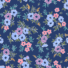 Fototapeta na wymiar Cute floral pattern in the small gentle flowers. Seamless vector texture. Ditsy template for fashion prints. Illustration with retro flowers. Blue background.