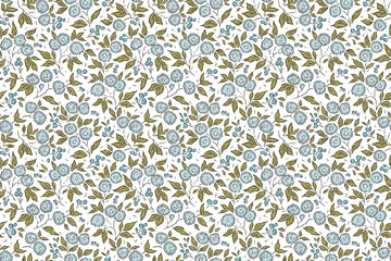 Trendy seamless vector floral pattern. Beautiful print made of small blue flowers and berries. Summer and spring motifs. White ivory background. Stock vector illustration.