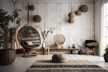 Japanese styled interior design for a home in white and black tones, a living room in the wabi sabi aesthetic, a wall mockup, and rattan hanging chairs with decors. Generative AI