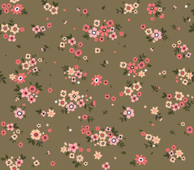 Ditsy floral pattern. Pretty flowers on khaki background. Printing with small pink flowers. Cute print. Seamless vector texture. Spring bouquet.
