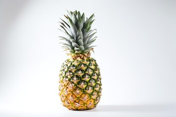 Fototapeta premium Isolated ripe fresh pineapple with leaf on white background. Vitamin-rich fruit. AI generated.