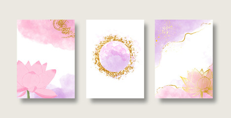 Dusty rose, purple and golden frame witj lotus flower. Blush pink watercolor vector design card for wedding invitation. Isolated and Editable