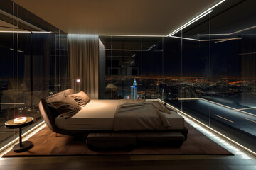 Luxury penthouse bedroom at night. Generative AI - obrazy, fototapety, plakaty