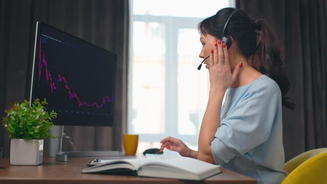 Businesswoman talking in headset about stock market. Woman broker communicating with clients about selling and buing, digital currency and stocks. Working with graphics and charts. Analysing markets.