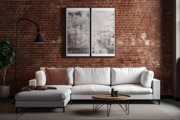 In the interior of a contemporary living room, a square blank poster with a clipping path is displayed on a red brick wall. Generative AI