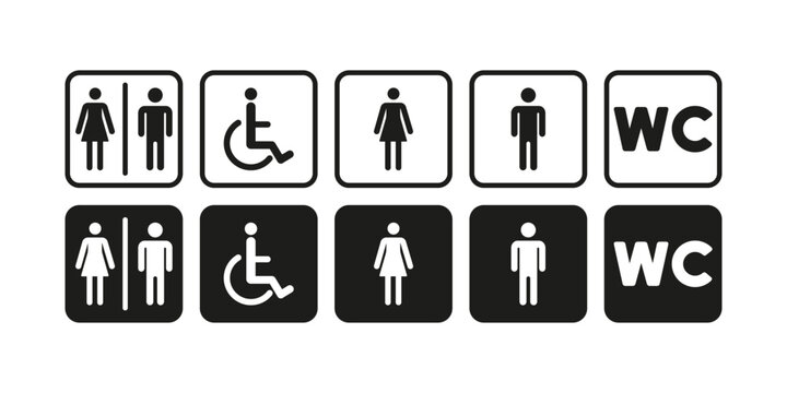 Toilet set icon. Toilet for boys, girls and disabled people, sign with WC text. Lavatory concept. Vector line icon for Business and Advertising