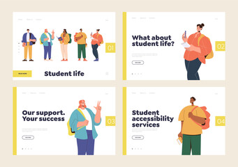 Digital online education services landing page template set with happy students ready for study