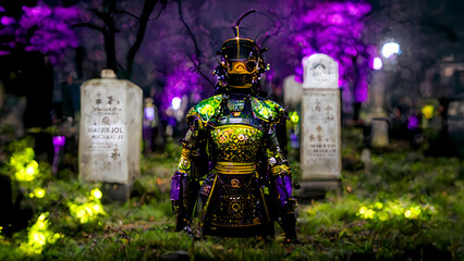 The Macabre Magnificence of a Futuristic Samurai in a Cemetery, AI Generative