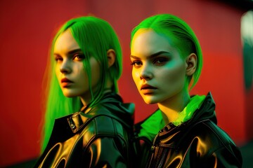 Portrait of a beautiful girls with neon green background. Fictional person created with Generative AI