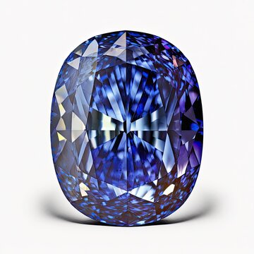Fronf view of shining brighting tanzanite blue violet zoisite gemstone illustration on a white background. AI generative.
