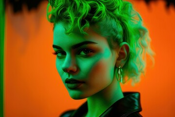 Portrait of a beautiful woman with neon green background. Fictional person created with Generative AI