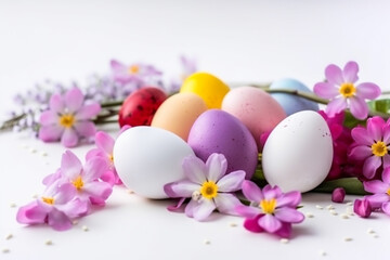 Fototapeta na wymiar Easter eggs and flowers, white background, spring blooms generative AI digital illustration