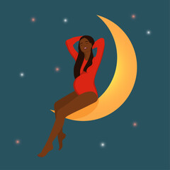 Black pregnant woman and moon, background with night starry sky, Vector