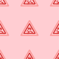 Seamless pattern of large isolated red slippery road signs. The elements are evenly spaced. Vector illustration on light red background