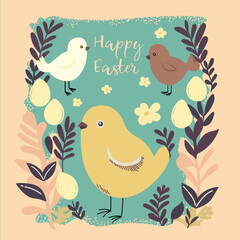 Fototapeta premium Easter greeting card with chick, birds and eggs in a frame of branches with leaves. Vector illustration.