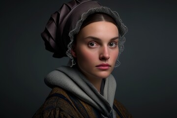 Portrait of a beautiful woman in classic clothes with grey background. Fictional person created with Generative AI