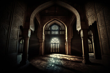 An Islamic mosque interior illuminated by moonlight. Islamic concept and Ramadan celebration. Ai generated art
