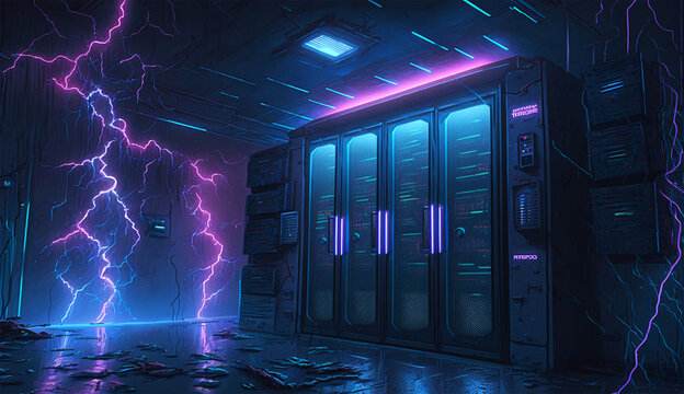 A big IT Serverroom, neon lightning, futuristic matrix style