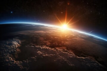 Beautiful view of rising sun over the planet earth. Cinematic scenery about planet. Generative AI.