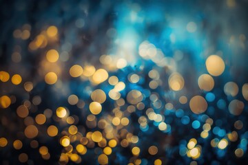 Blue and gold glitter in blur lights effect wallpaper background. Abstract bokeh lights background. Generative AI.