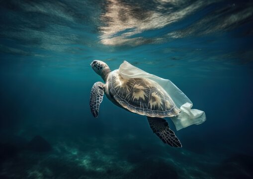 Sea turtle swimming in the sea with plastic bag. Concept of marine debris. Generative AI.