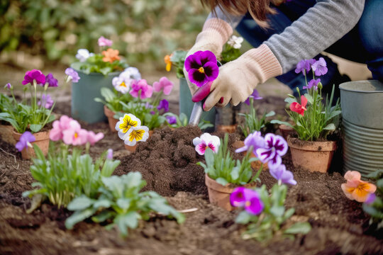 Gardener planting flowers in the garden - Generative AI