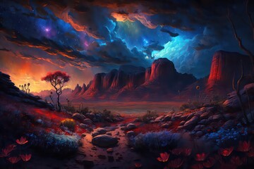 Obraz na płótnie Canvas Mountain view with vivid colour tone. Wallpaper background. Digital painting. Generative AI
