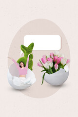 Vertical collage image of excited mini girl inside broken eggshell fluffy easter bunny toy fresh tulip flowers dialogue bubble