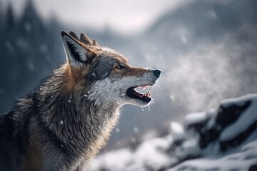 Wolf. Wolf realistic scene. Grey wolf. Generative AI.